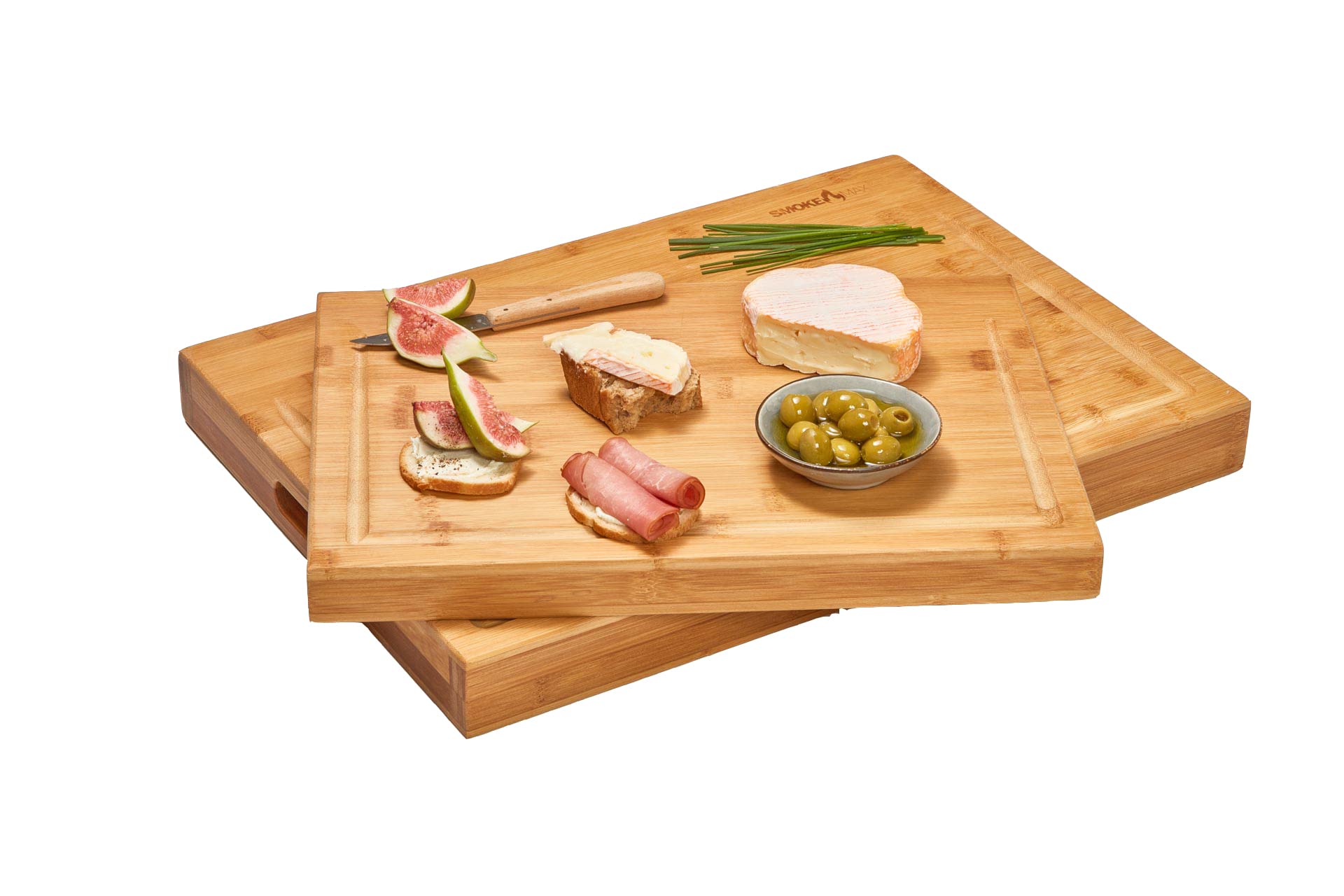 SmokeMax 2-1 grand bloc en bois massif avec planche à découper et plateau de service en bambou naturel (env. 50 x 35 x 5 cm)