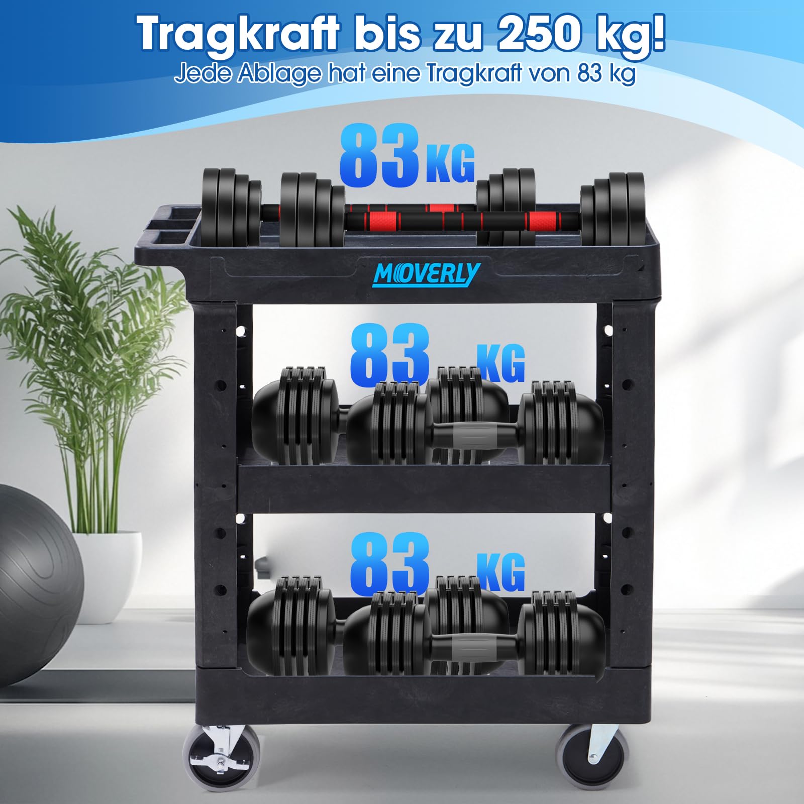 3-stufiger Rolling Cart, Schwerlast-Utility-Trolley, Server-Handwagen, 86 cm x 43 cm x 98 cm, mit 4 drehbaren Rädern, bis zu 250 kg belastbar, schwarz