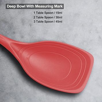 Large Silicone Cooking Spoon, Non-Stick Solid Spoon set with Deep Bolw and Measurement Mark for Mixing, Serving, Draining, Scooping, Scraping, Heat Resistant Kitchen Utensils, Red