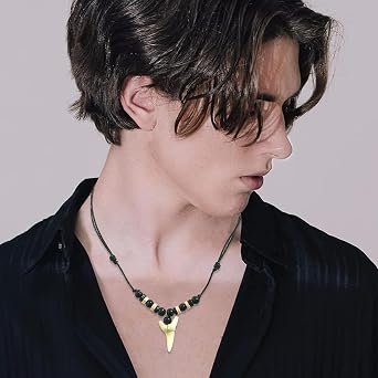 Mens Shark Tooth Necklace Vintage Surfer Beach Wood Bead Adjustable Ethnic Style Cool Pendant Jewellery for Adults Boys Girls