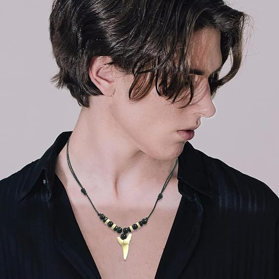 Mens Shark Tooth Necklace Vintage Surfer Beach Wood Bead Adjustable Ethnic Style Cool Pendant Jewellery for Adults Boys Girls