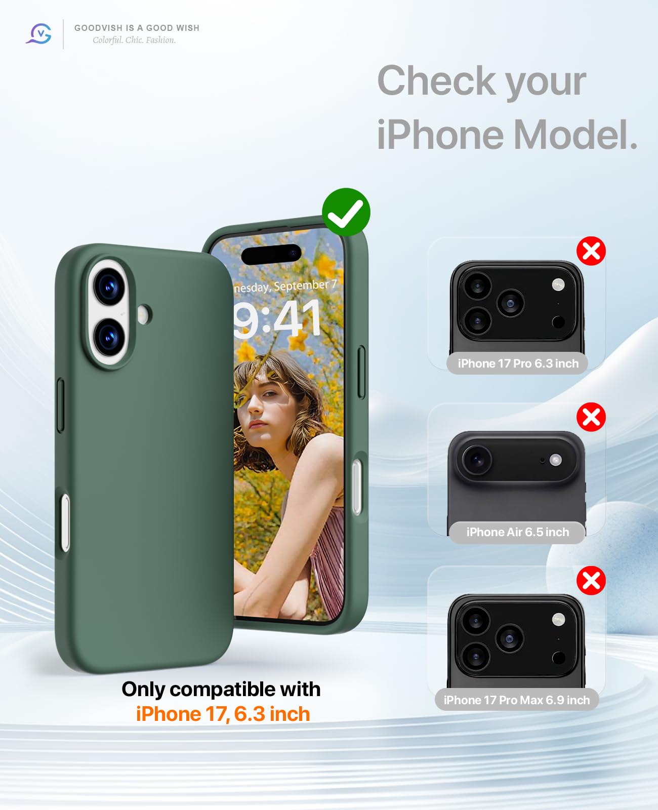 GOODVISH 3 in 1 Silicone Cover per iPhone 17 6.3", Custodia con 2 Pellicola Vetro Temperato [Protezione Fotocamera] 360° Protezione Anticaduta Case per Cellulare Antiurto Resistente, Verde Pino
