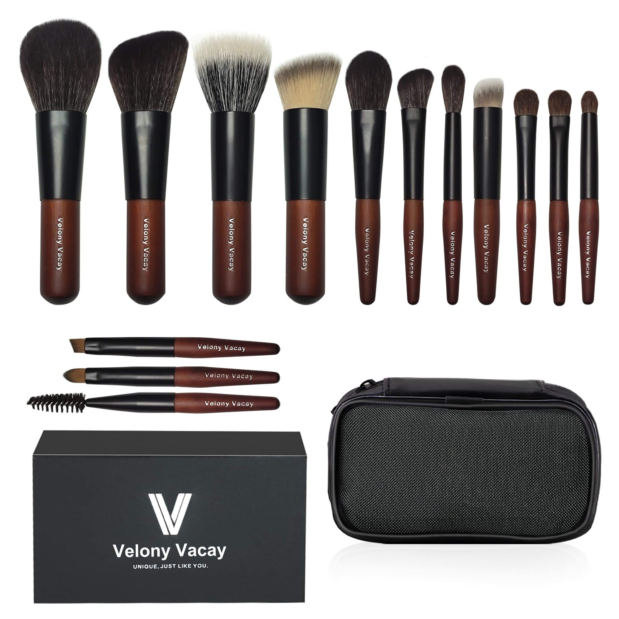 Juego de brochas de maquillaje de viaje, 14 piezas de mini brochas de maquillaje en pelo sintético y natural, cepillo de viaje para base, sombra de ojos, rubor, polvo, reflejos, contorno y corrector