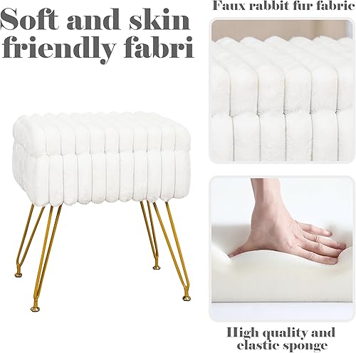 Miniatura 7 de Taburete de tocador de piel sintética blanca con otomana de almacenamiento, silla de tocador para sala de maquillaje, taburetes de tocador para