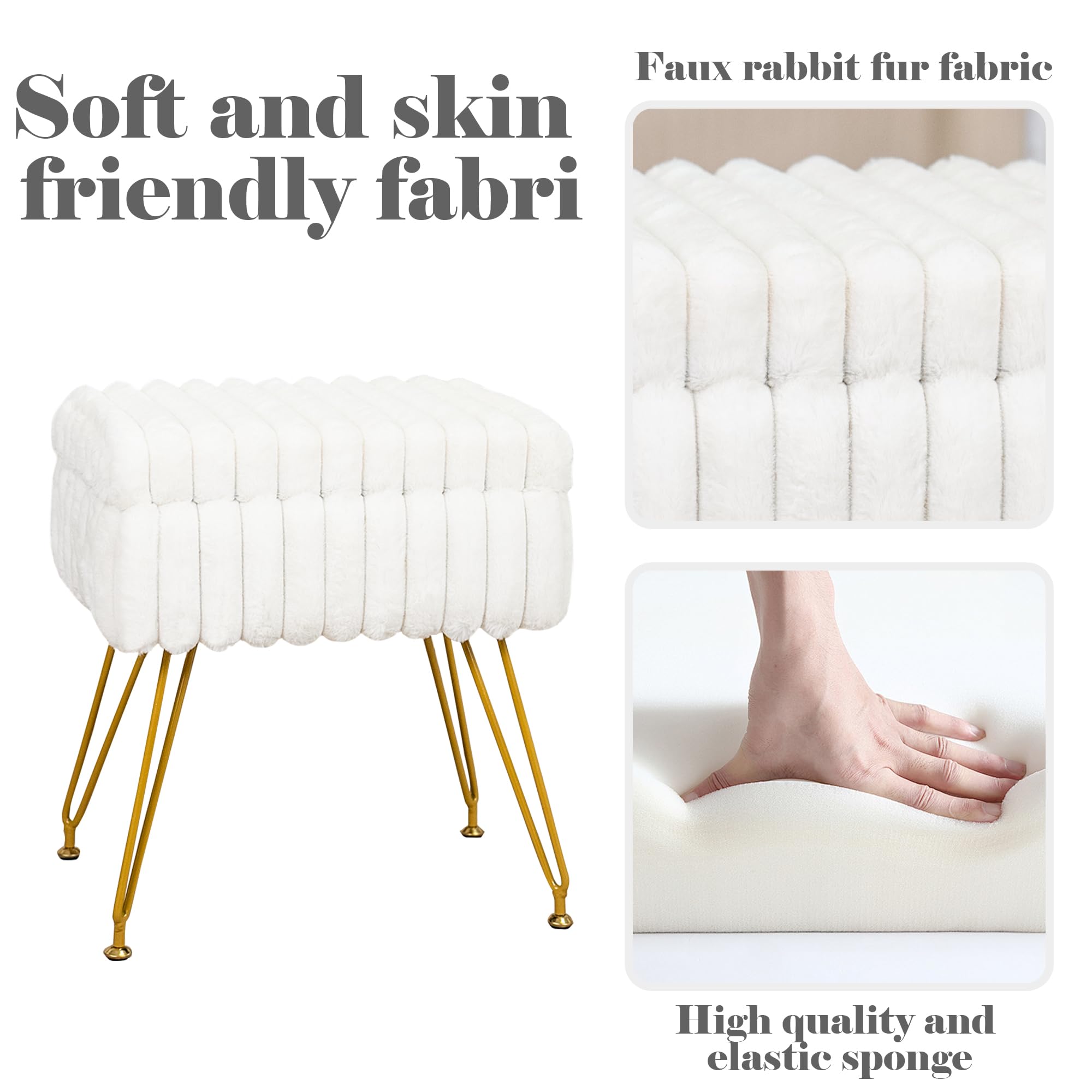 Taburete de tocador de piel sintética blanca con otomana de almacenamiento, silla de tocador para sala de maquillaje, taburetes de tocador para dormitorio, reposapiés con patas de metal y 7