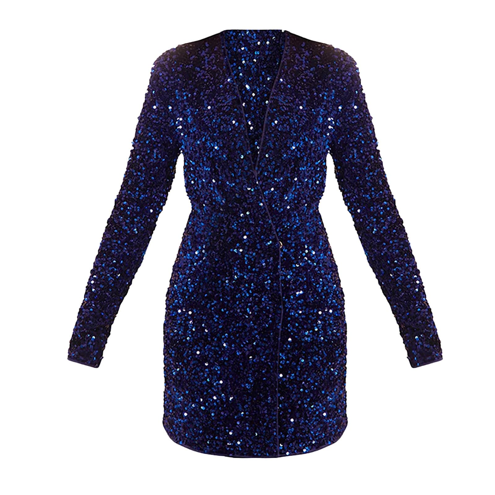 Generisch Robe en velours à paillettes pour femme - Manches longues - Tempérament - Taille pendulaire - Boucle - Manches longues