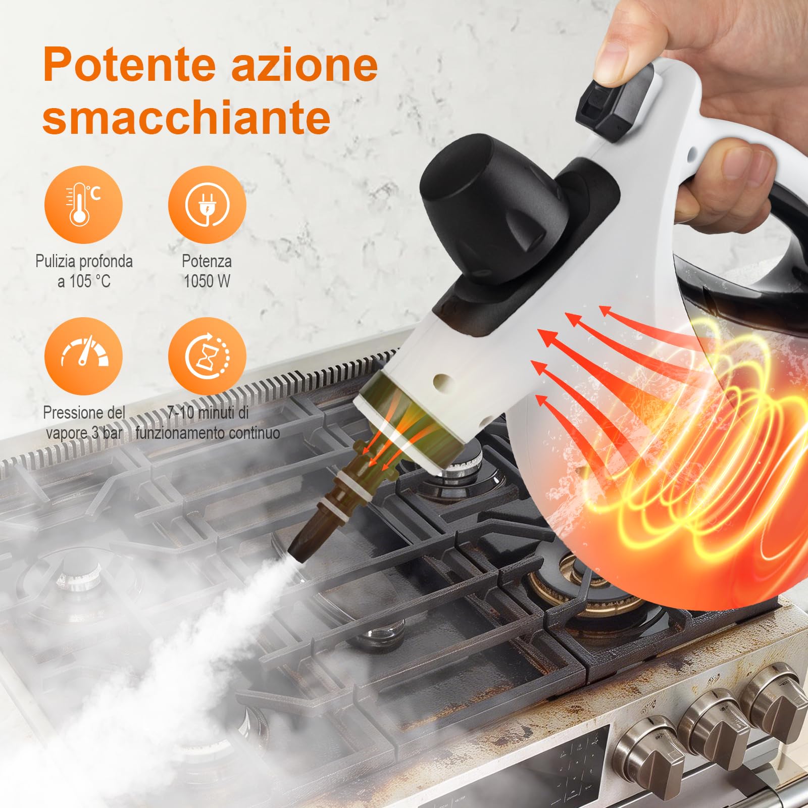 Ibergrif Pulitore a Vapore Portatile, Pistola a Vapore 1050W con 9 Accessori, 3 Bar Alta Pressione, Soluzione Naturale Senza Additivi, per Divani, Cucina, Fughe e Vetri, 350ml, Bianco