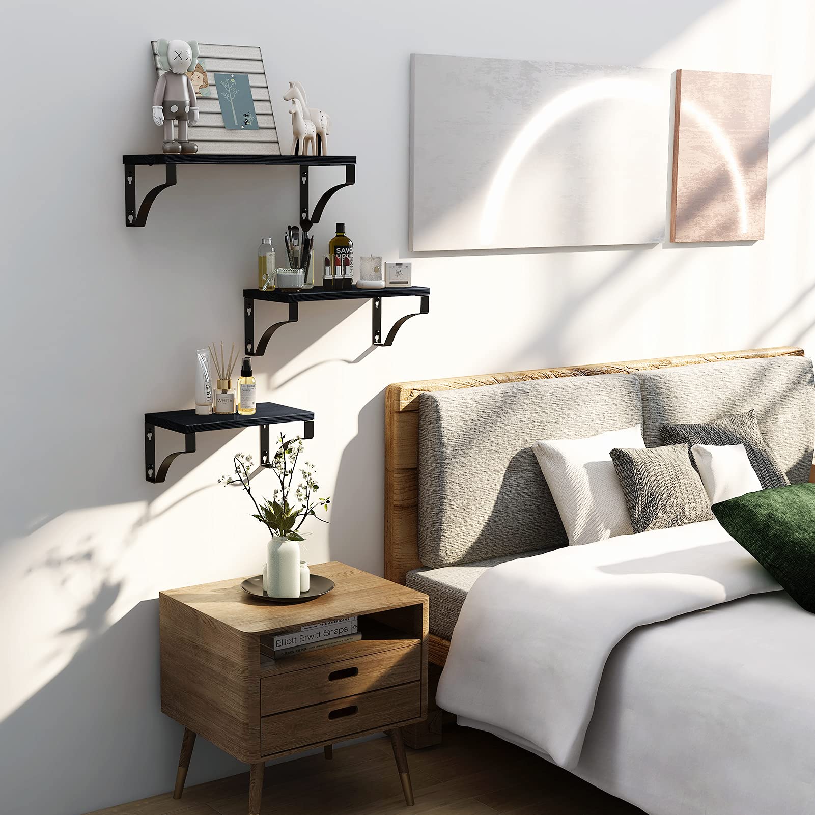 AMADA HOMEFURNISHING Floating Shelves Wall Mounted Set of 3, Rustic Wood Wall Shelves for Bedroom/Bathroom/Living Room/Kitchen/Laundry Room Storage & Decoration, Black