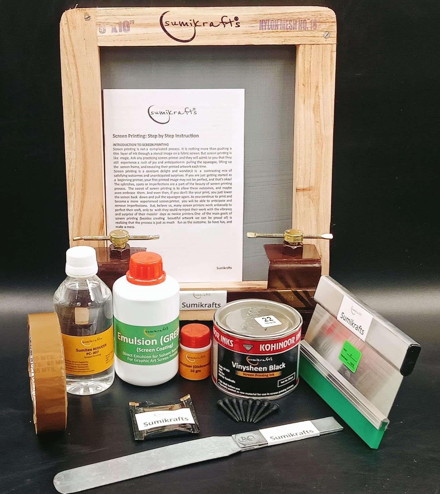 sumikrafts Screen Printing kit: Viny Black 250gm+Double Hinge Table Clamps+8 Drywall Screws Black phospated Size 3.5cm+Screen Wooden Frame Small 8”x10 pre Stretched mesh no 16-image-33