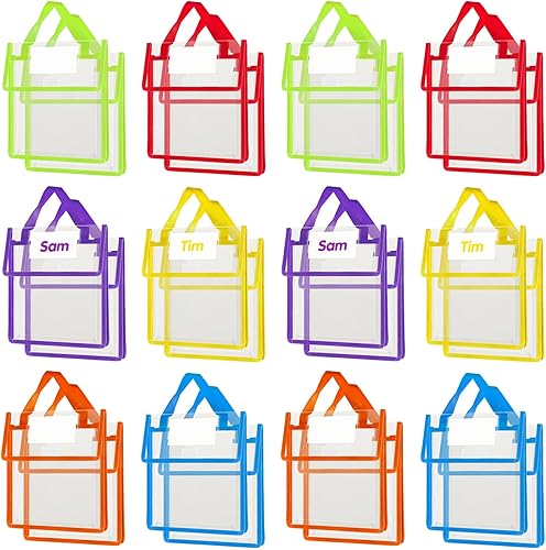 Teling Bolsas gruesas transparentes para libros con etiquetas de nombre y asas en blanco, organizador para escuela, aula, biblioteca, bolsillos para