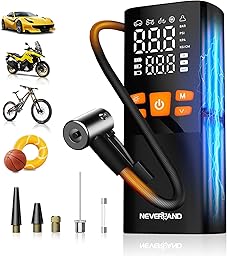 NEVERLAND Elektrische Luftpumpe Akku Kompressor, 10,3Bar/150 PSI, 16000mAh, tragbare Fahrradpumpe mit Auto-Stopp, Manometer, LED-Licht & Powerbank, für Auto, Motorrad, Fahrrad und Bälle