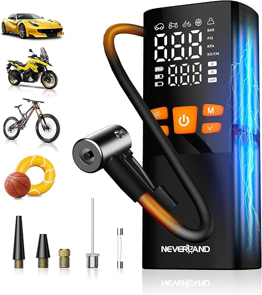NEVERLAND Elektrische Luftpumpe Akku Kompressor, 10,3Bar/150 PSI, 16000mAh, tragbare Fahrradpumpe mit Auto-Stopp, Manometer, LED-Licht & Powerbank, für Auto, Motorrad, Fahrrad und Bälle - 1