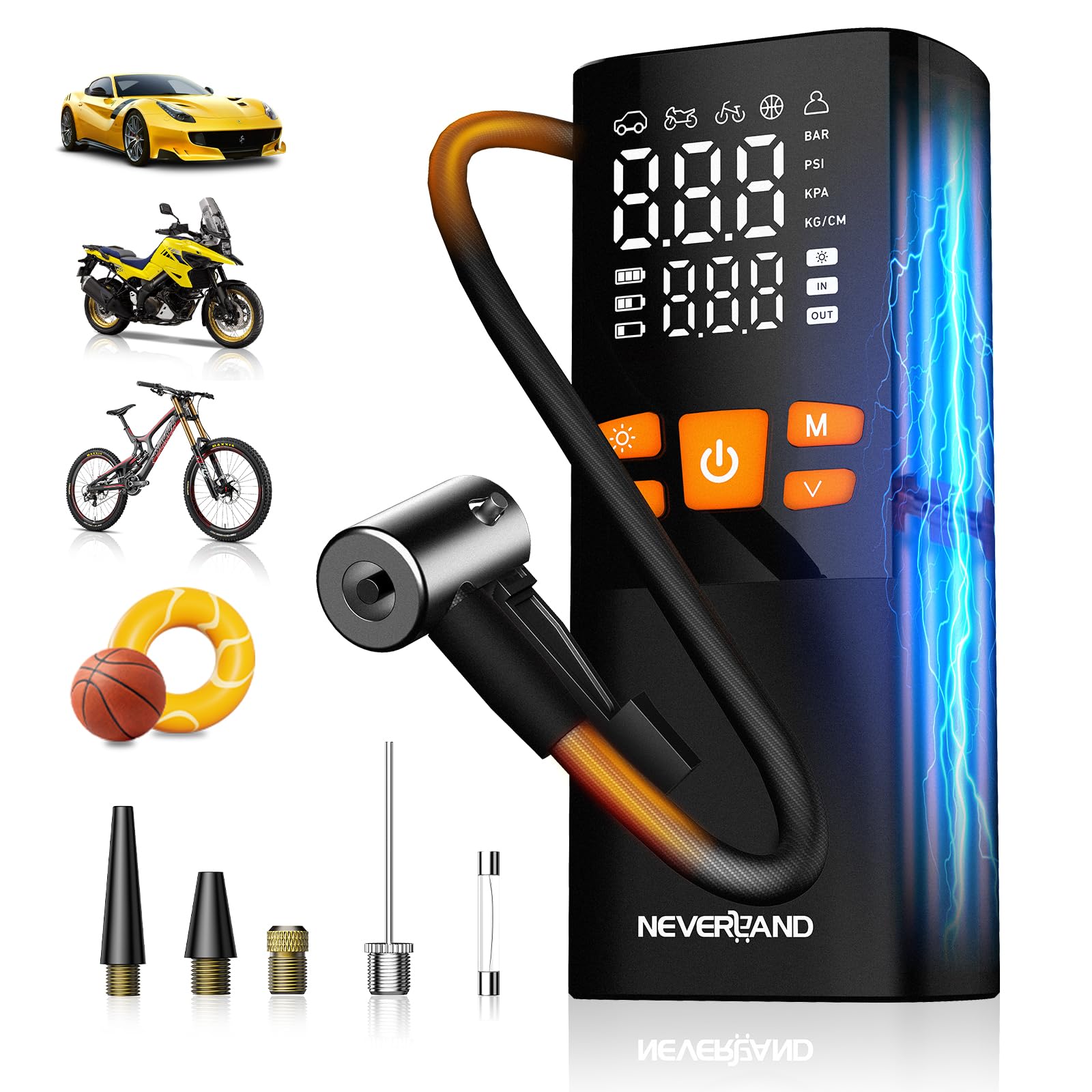 NEVERLAND Elektrische Luftpumpe Akku Kompressor, 10,3Bar/150 PSI, 16000mAh, tragbare Fahrradpumpe mit Auto-Stopp, Manometer, LED-Licht & Powerbank, für Auto, Motorrad, Fahrrad und Bälle - 1