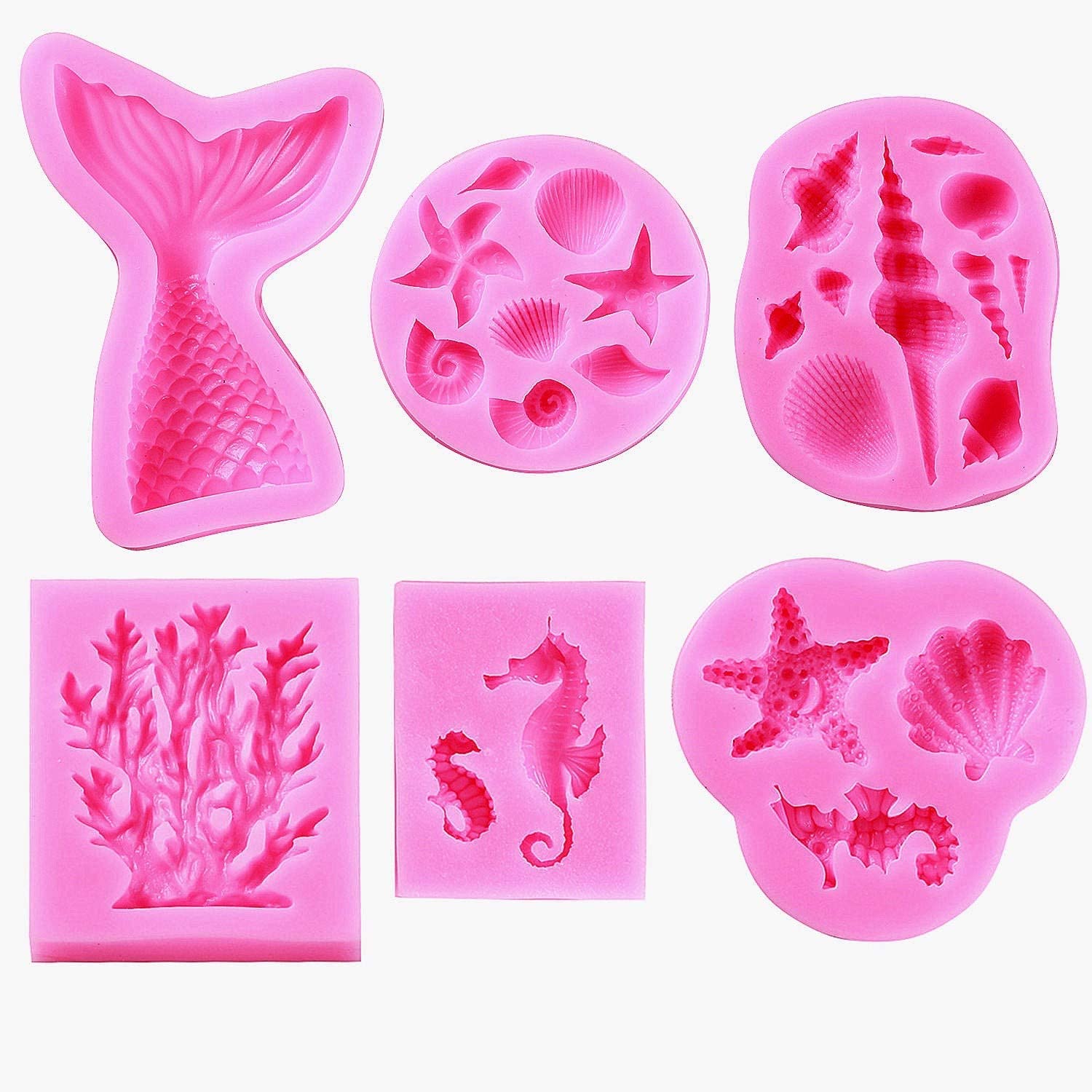 Marine Theme Silicone Mold, DIY Handmade Baking Tools, Mermaid Fondant Silicone Mold, Food Grade Silicone, Seashell,Conch, Mermaid Tail,Seahorse,Starfish,Coral, for Making Cake,Chocolate,Candy, 6PC