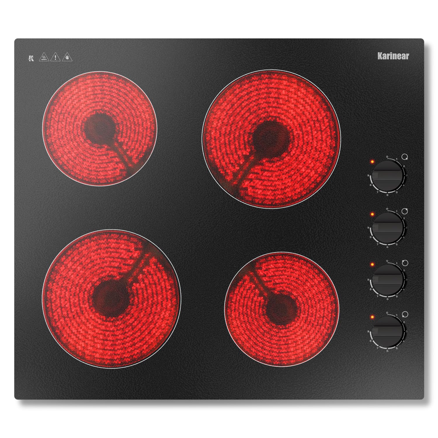 Karinear Piano Cottura Vetroceramica 4 Fuochi, 6000W Piano Cottura Elettrico 60cm con Manopola, Piani Cottura Elettronica Nero, Spegnimento Automatico, Vetro Cristallo