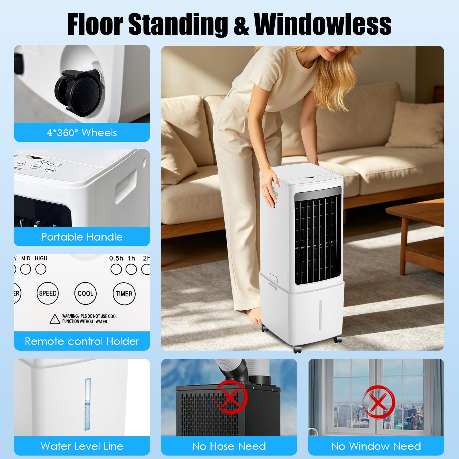 Climatiseur Mobile Sans Évacuation 12L avec Télécommande, Rafraîchisseur d'Air Évaporatif 4-en-1 Silencieux 30dB, Ventilateur Humidificateur, Débit Puissant 1000m³/h