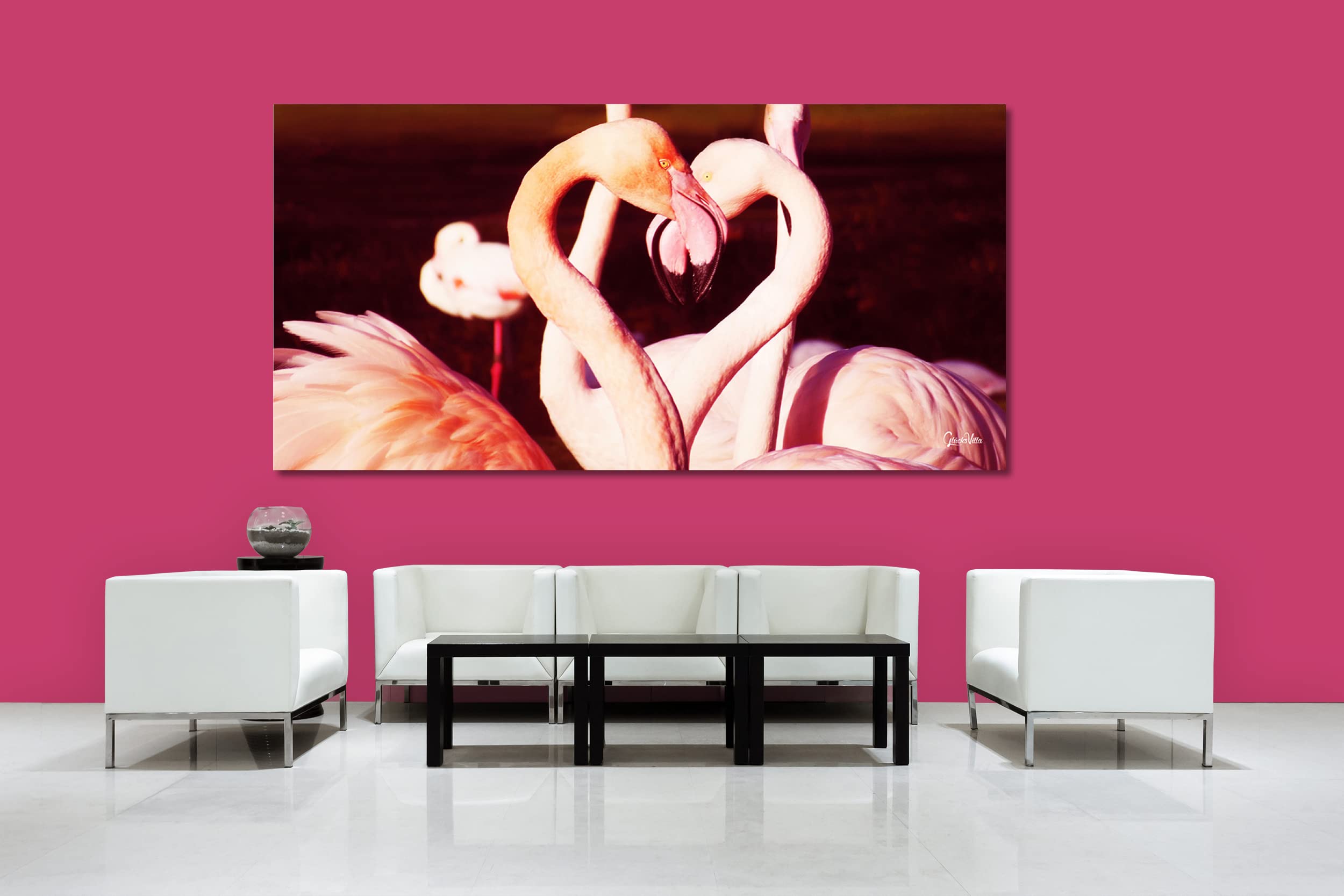 Glücksvilla - Flamingos in Love (Leinwand-Bild 2 cm, 160 x 80 cm) | div. Maße - aus DE - Kunstdruck Deko Wandbild quer - Vogel Tier See Meer Liebe Herz Frankreich