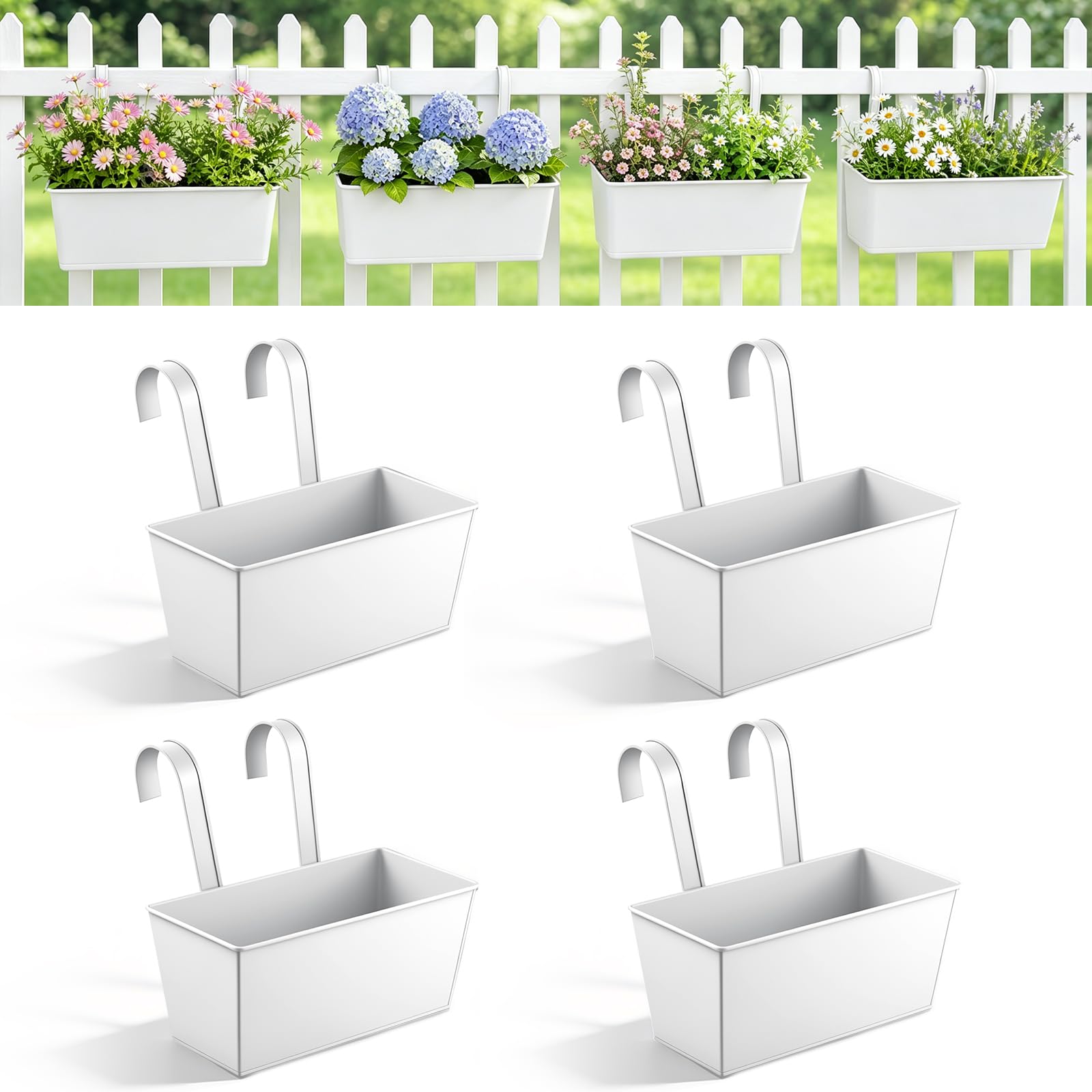 27.5cm Over Fence Planters, 4Pack Metal Hanging Plant Pots, Balcony Planters for Railing, Fence Hanging Planter with Detachable Hooks, Hanging Plant Pots Outdoor for Fence, Garden, Home (White)