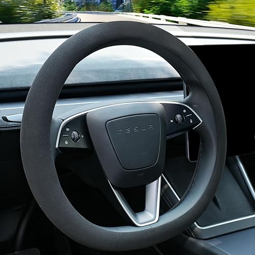 Miniatura 9 de Funda de cuero de napa para volante compatible con Tesla Model 3/Y 2016-2025 2026 Juniper/Highland, antideslizante, transpirable, modelo 3/Y, Negro