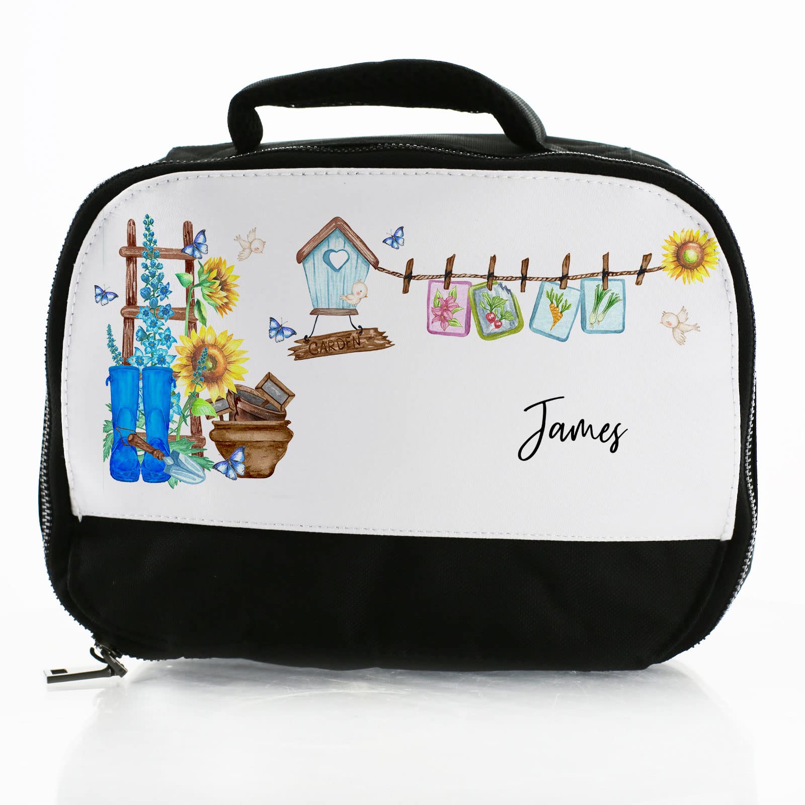 Personalised Bag, Black and White Insulated Lunch Bag Customised with Initial / Name / Text, Sunflower Floral Garden Print Design, Dinner Bag For School Hot and Cold Food, Size: (18cm x 25cm x 8cm) โ image 1