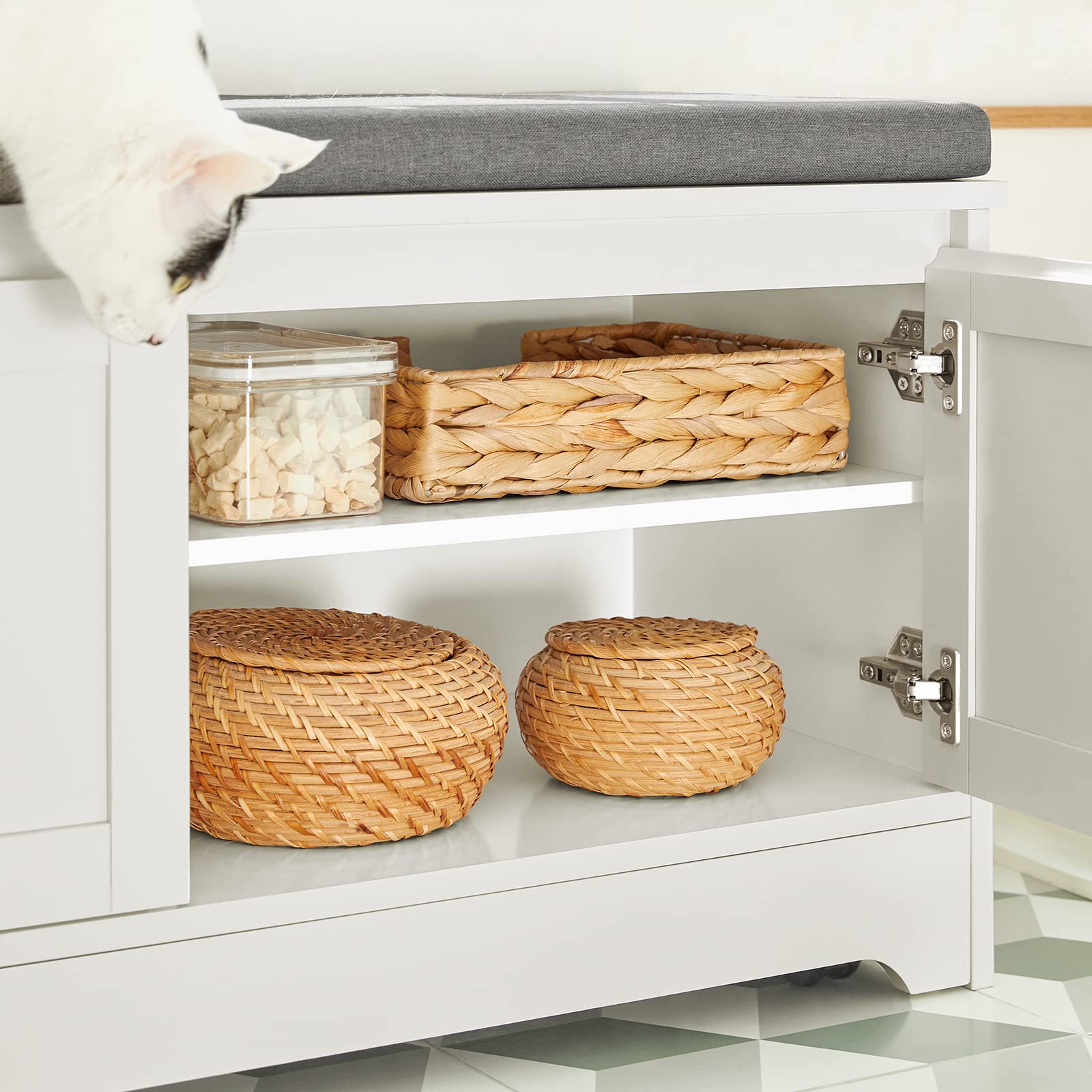SoBuy Cuccia per gatti con ciotola per gatti in acciaio Inossidabile Panca con seduta Casetta per gatti Bianco 90x36x44cm FSR136-W