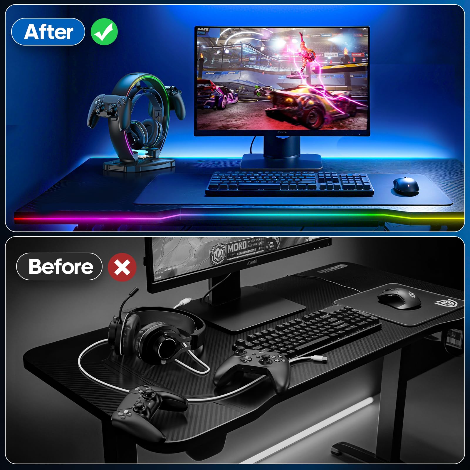 KDD Support Casque & Manette avec 9 Modes d'Eclairage - Support Manette Pliable pour Bureau - Porte Casque Universel avec Organiseur de Câbles - Accessoires Bureau pour Gamers