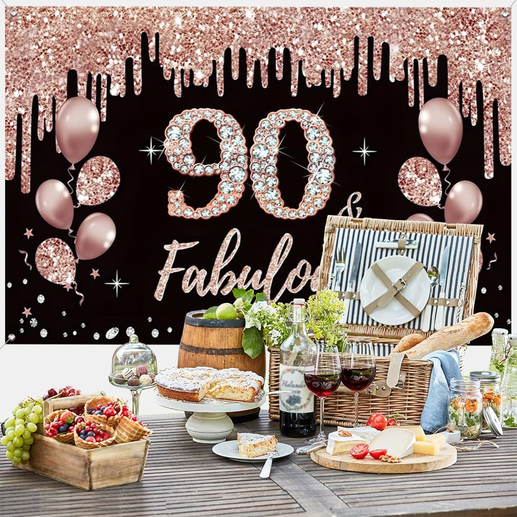 REWIDPARTY 90th Birthday Stickers - 80 Rose Gold '90 & Fabulous' Circle Labels