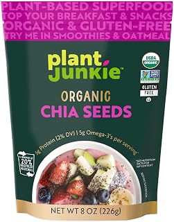 Plant Junkie Organic Chia Seeds 8oz - USDA Organic, Non-GMO, Gluten-Free, Kosher, 37% DV Fiber Superfood for Smoothies, Pudding & Baking