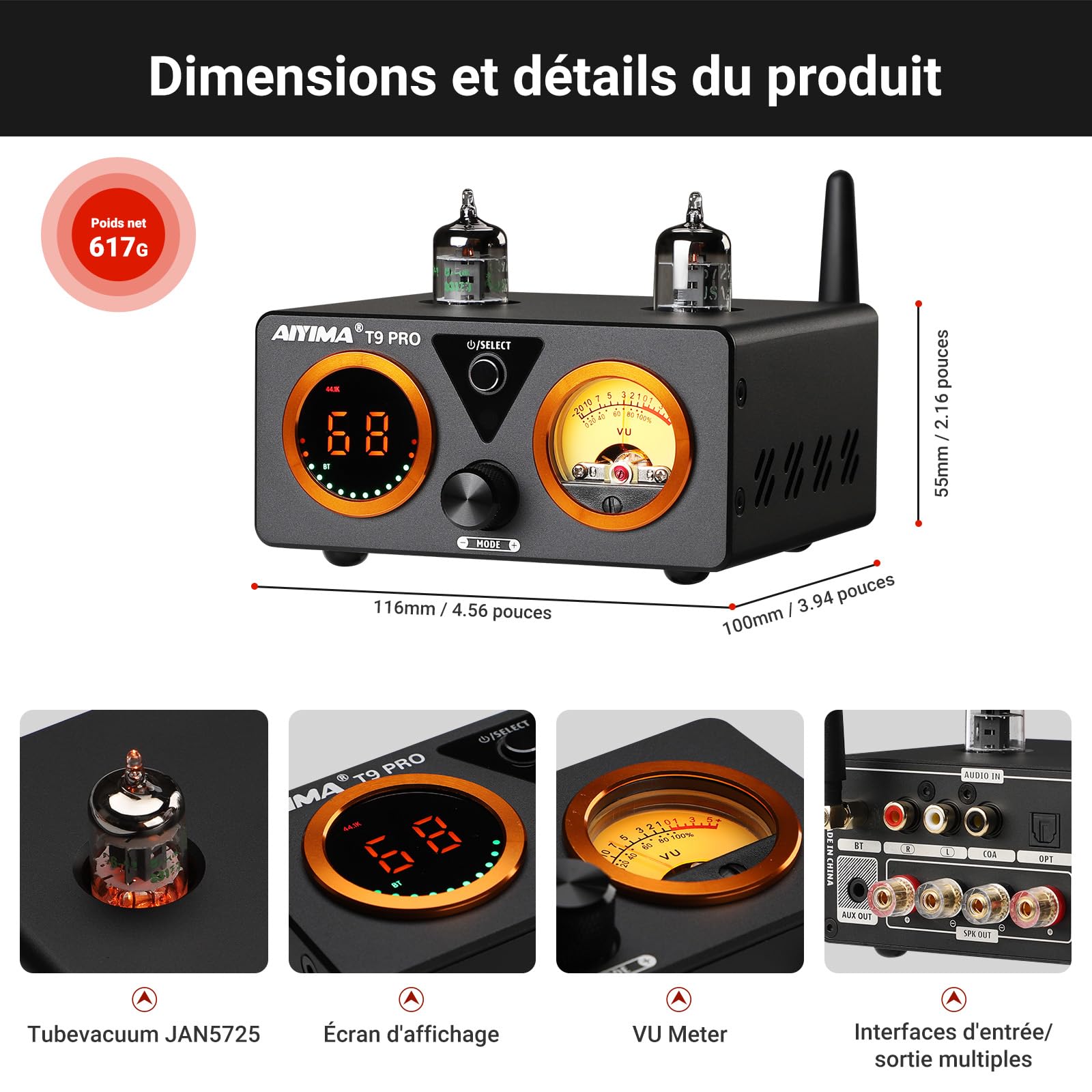 Amplificateur stéréo DAC Bluetooth à Tube 2.1 AIYIMA T9PRO 200W TPA3250 | Ampli HiFi de Classe D avec ES9018K2M,QCC3040 aptX,VU-Mètre et affichage Numérique,Télécommande,Aigus/Graves,Sortie AUX