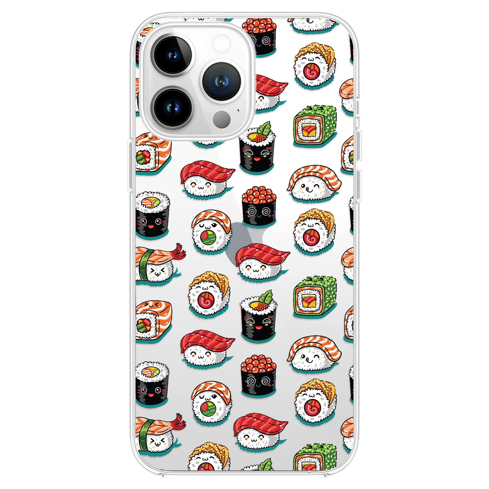 Blingy's iPhone 14 Pro Case, Fun Sushi Pattern with Cute Emojis Funny Cartoon Food Design Transparent Soft TPU Protective Clear Case Compatible for iPhone 14 Pro 6.1 inch (Funny Sushi Style)
