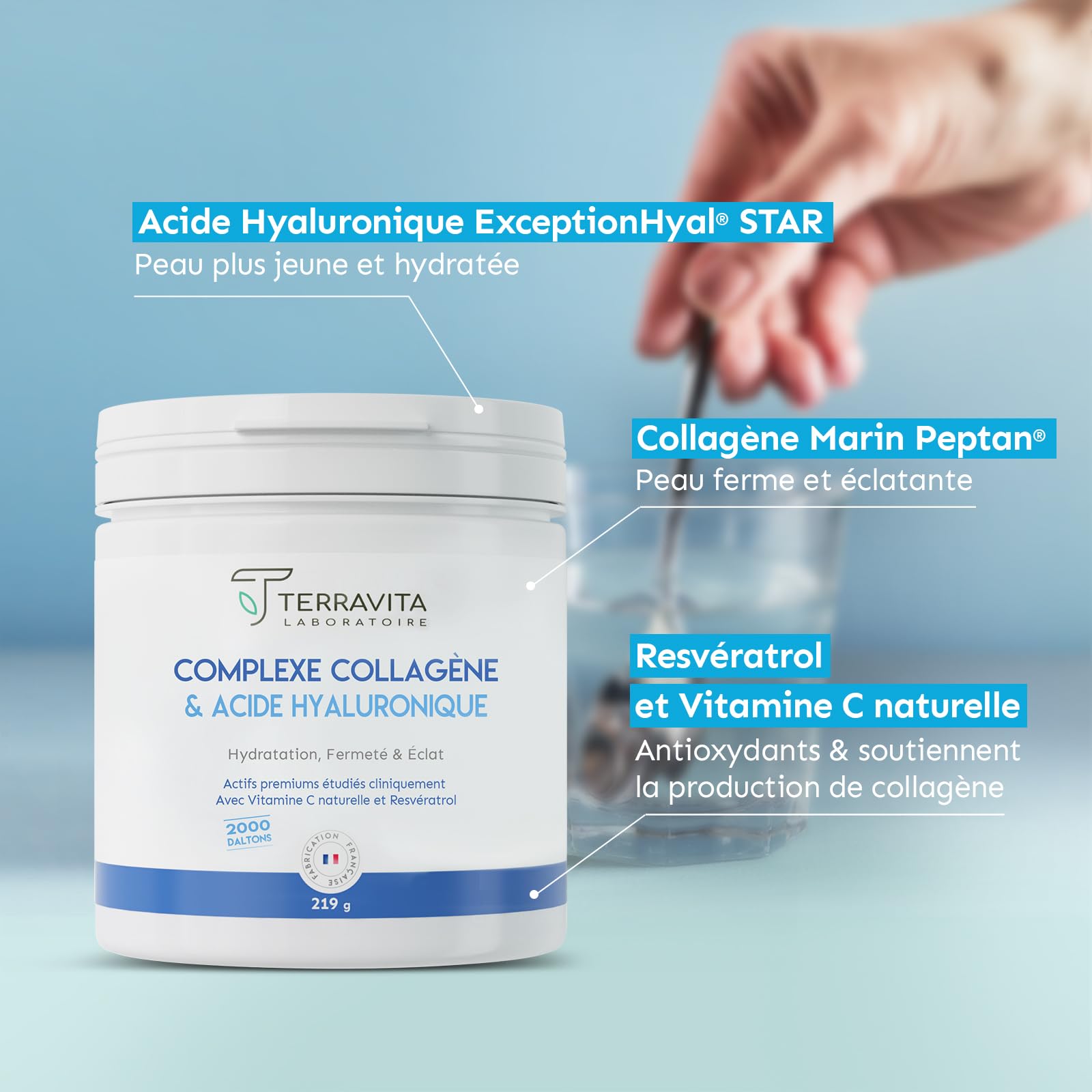 Collagène Marin Peptan + Acide Hyaluronique 200mg + Vit C | Hydratation, Fermeté et Éclat de la Peau | Diminution des Rides Démontrée | 219g de Poudre Goût Neutre | Filière Française | Terravita