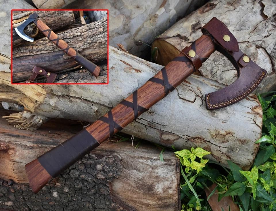 Image of Ragnar Viking Axe - Hand Forged Carbon Steel Hatchet with Leather Sheath | Norse Bearded Axe for Camping, Throwing, Hunting, Outdoor Survival | Gift for Men
