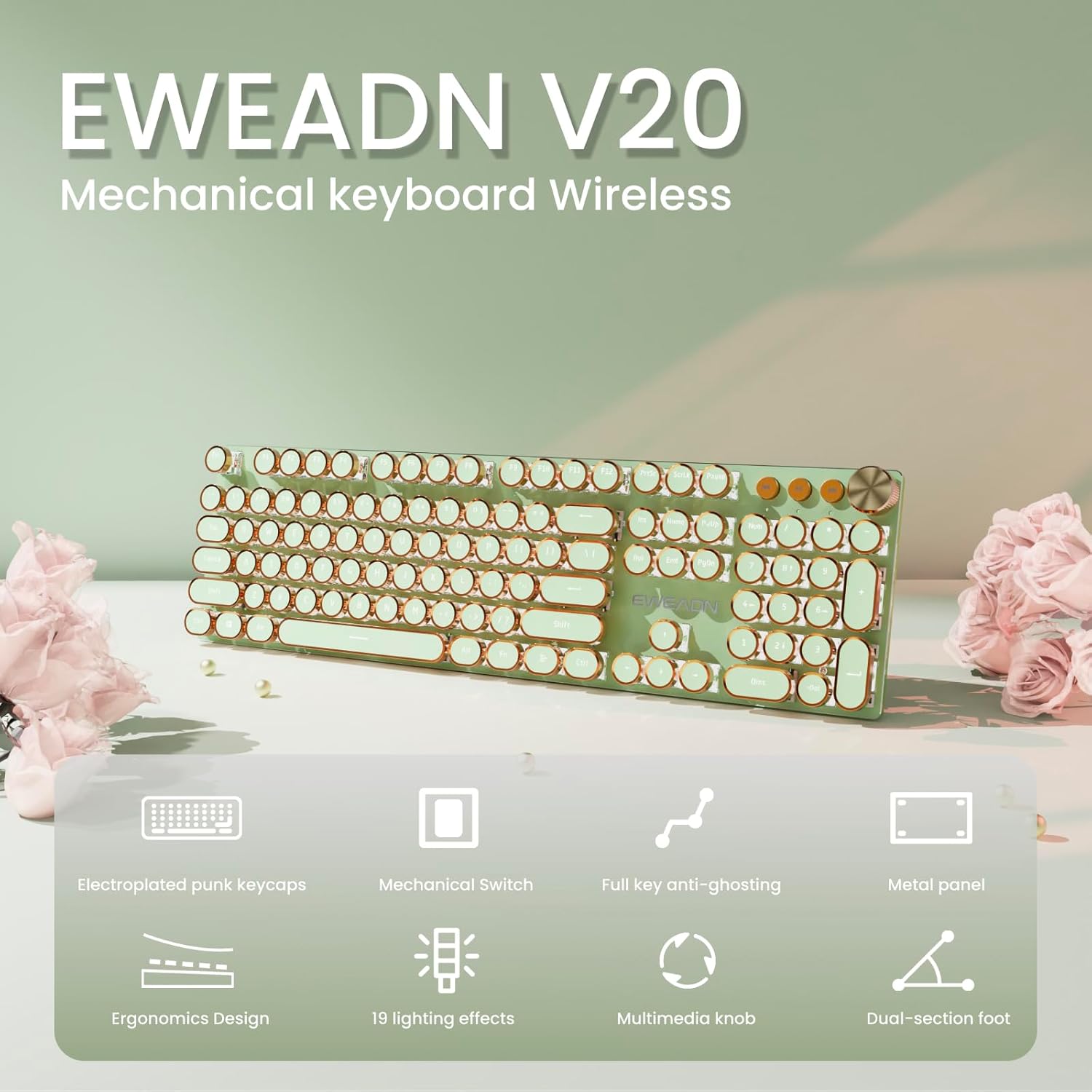 V20 Typewriter Keyboard Wireless, 104 Keys Typewriter Style Mechanical with White Backlit, Media Knob, Pink Switch 2.4G/Bluetooth/USB-C Wired Retro Full Size Keyboard for Windows/Mac/PC-Pink