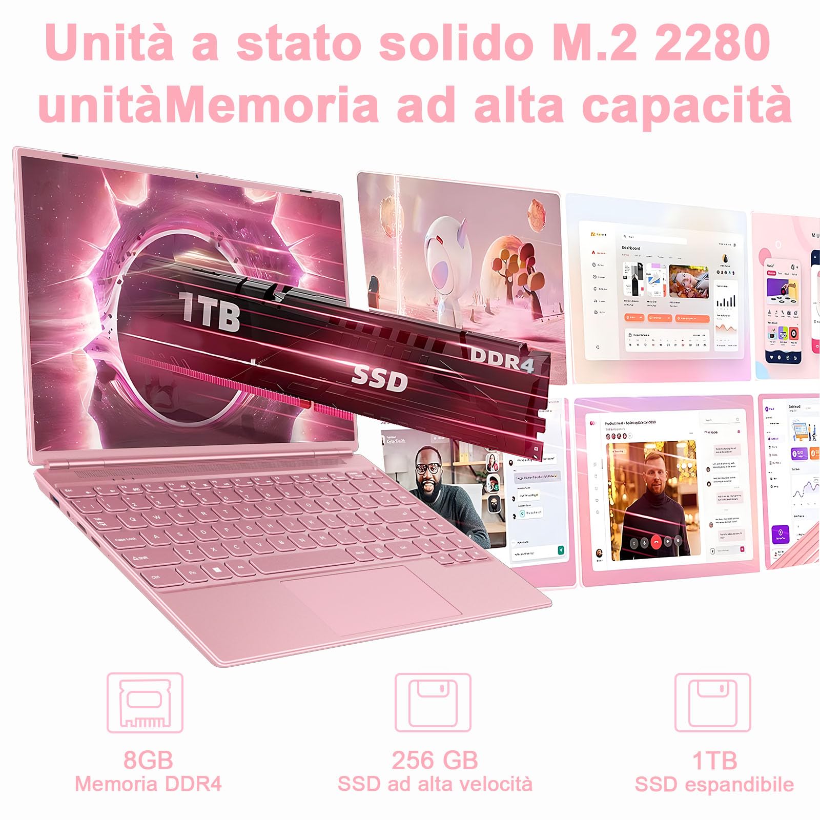 NOTODD PC Portatile 14 Pollici Laptop N5095 (fino to 2.9 GHz), Win 11 Notebook 8 GB 256 GB SSD 1TB Estensioni丨Dual WIFI Supporto丨Ventola Raffreddamento Schermo丨1920 * 1200 2K FHD-Pink
