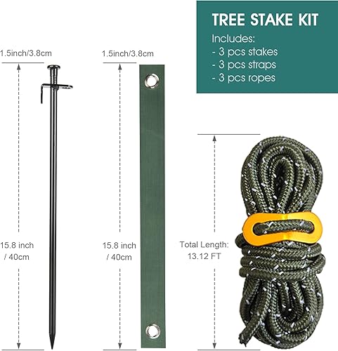 Miniatura 4 de Juego de estacas para árbol de acero resistente de 15.8 pulgadas para apoyar árboles contra viento fuerte, con 3 correas y cuerda (13.12 pies)