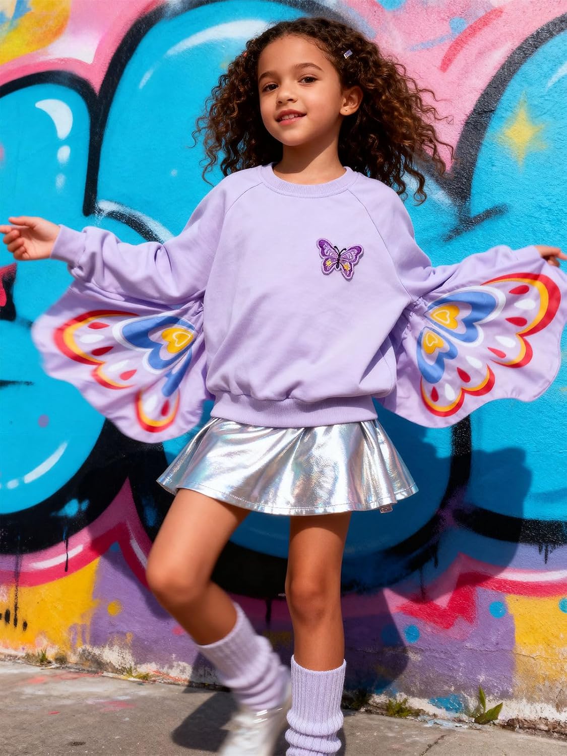 WELAKEN Toddler Girls Butterfly Wing Sleeve Sweatshirt - Cotton Crewneck Pullover for Little Kids