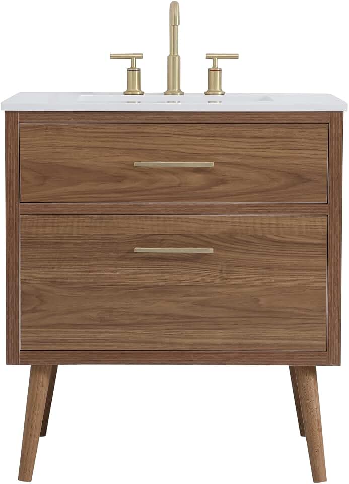30" Pre-Assembled Bathroom Vanity with Sink, Engineered Wood, Ivory White Engineered Marble Countertop Attached, Single Rectangle Porcelain Sink, 2 Soft-Close Drawers, Walnut Brown