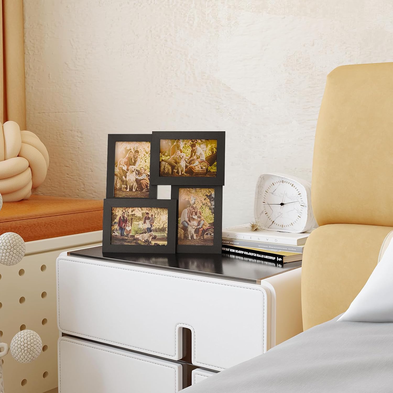 Egofine 4x6 Collage Picture Frames, Made of Solid Wood, Family Picture Frame Display Four 4x6 Photos, Covered by Plexiglass for Wall Hanging and Tabletop, Black