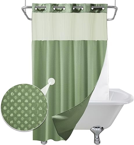 Vista 208 de Cortina de ducha de tortugas marinas, temática náutica de playa, verde y verde azulado, sin ganchos, punto gofre y forro desmontable, decoración