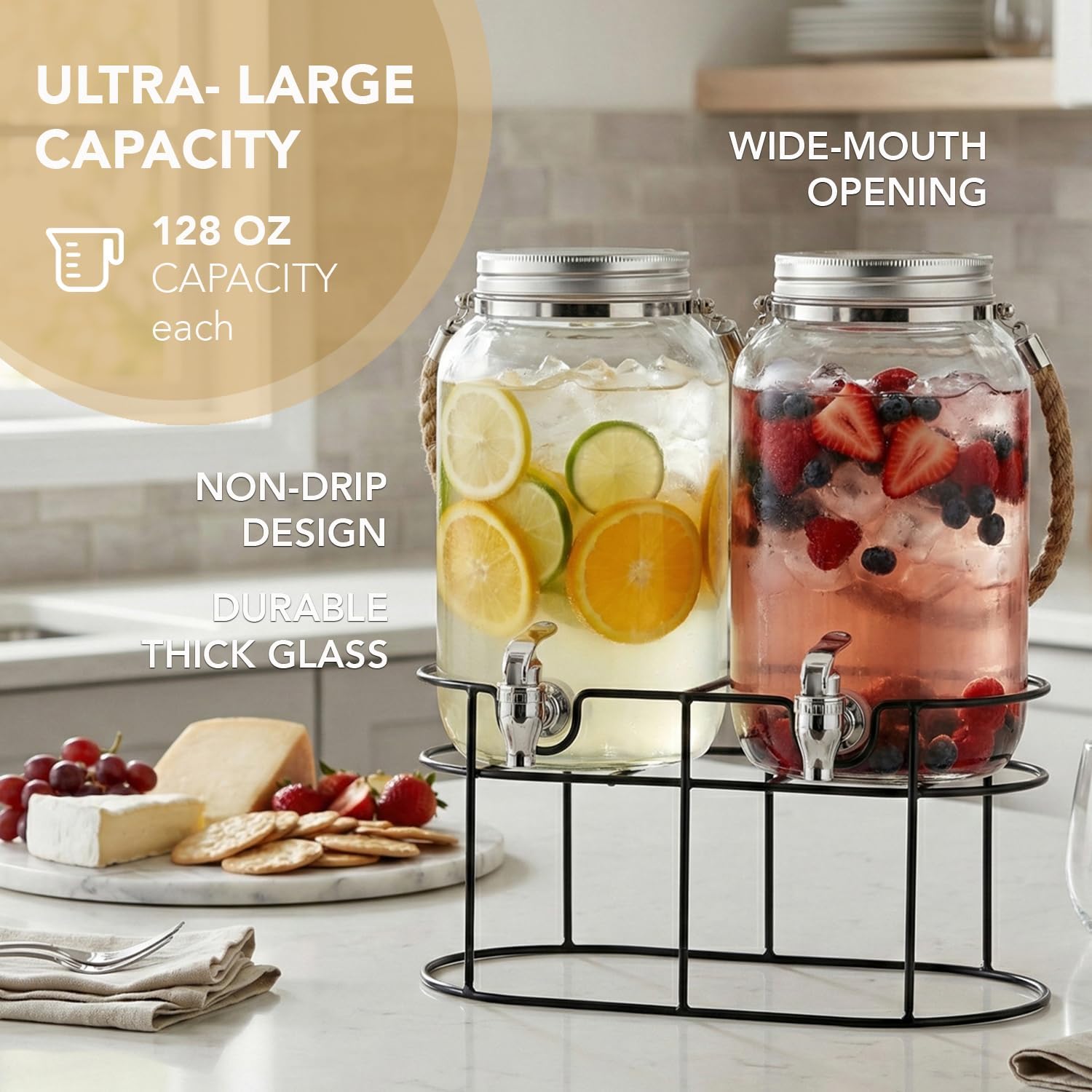 Style Setter Beverage Dispenser | Cold Drink Dispenser w/ 1-Gallon Capacity Glass Jug, Metal Handle & Leak-Proof Acrylic Spigot in Gorgeous Gift Box | Great for Parties, Weddings & More