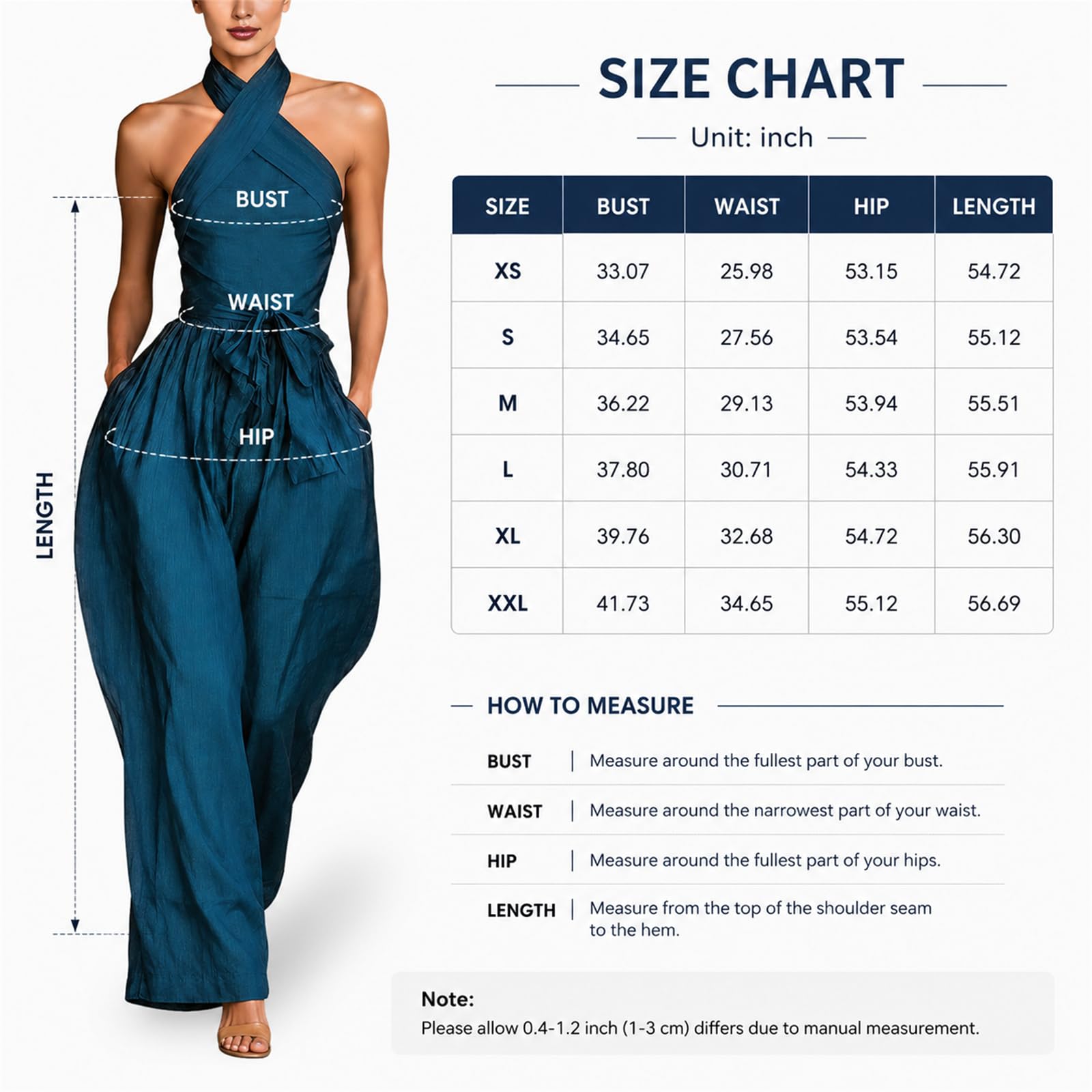 Generisch Jumpsuit Damen Elegant Sommer Neckholder Overall Hochzeit Festlich Tailliert Onesie Hosenanzug Hochzeitsgast Lang Weites Bein Jumpsuits Rückenfrei Trägerlos Business Romper mit Tasche