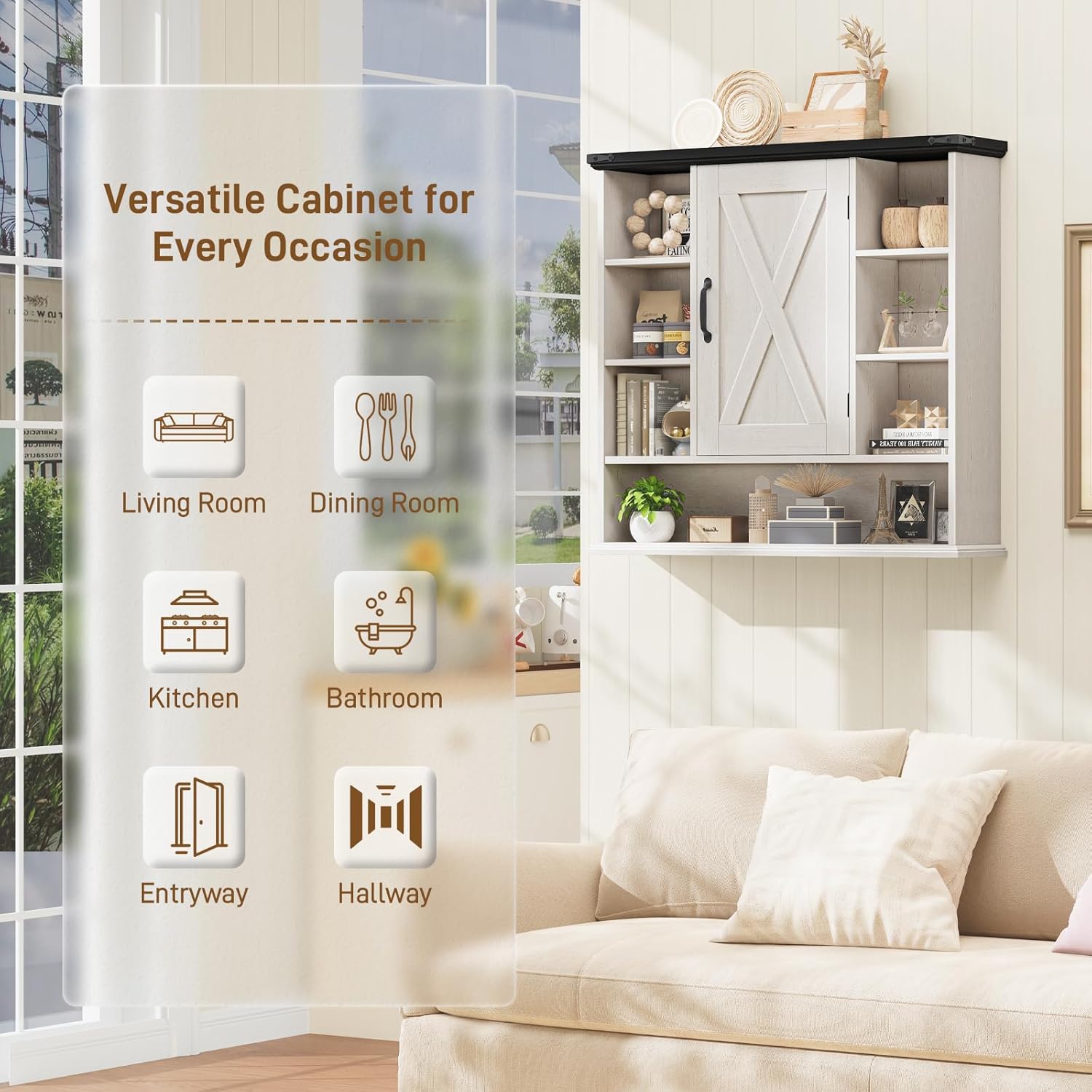 Bathroom Wall Cabinet, Farmhouse Medicine Cabinet with Adjustable Shelves and Barn Doors, Large Wall Mounted Over the Toilet Storage Cabinet for Bathroom, Laundry Room, Kitchen, Rustic White and Black