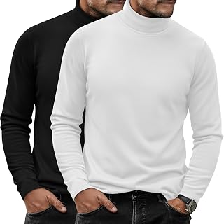 Ficerd 2 Pack Men's Turtle Neck Shirts | Cotton Knitted Long Sleeve Tops, Slim Fit Mock Neck Pullover Sweaters, Casual Fall Winter Clothes, Stretchy Thermal Outfits