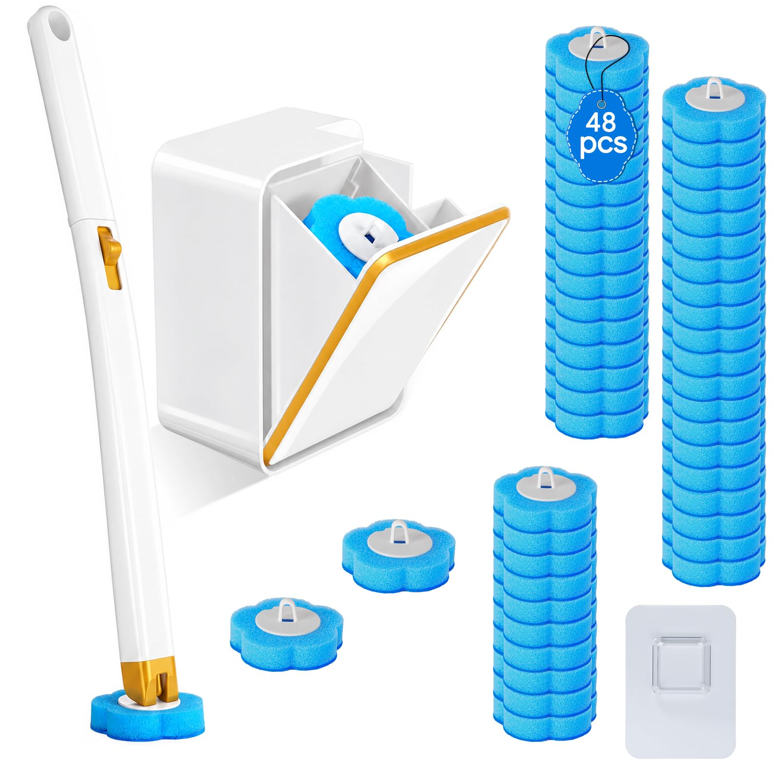 Vicloon Disposable Toilet Brush with 48 Refills, Bowl Toilet Brush with Wall Mounted Holde and Extended Handle, Disposable Toilets Cleaning System for Bathroom Cleaning