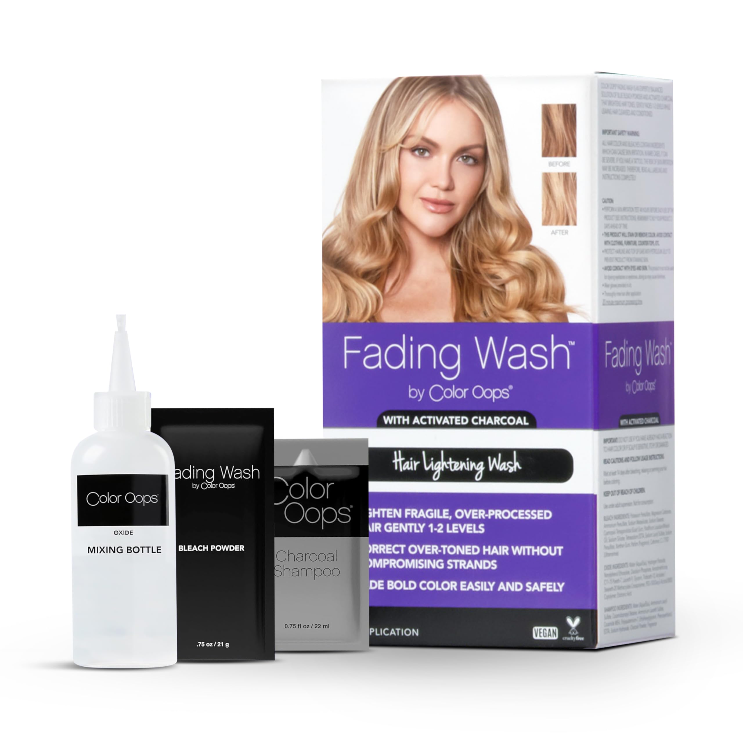 Color Oops Fading Wash Kit with Activated Charcoal, Hair Lightening Wash Gently Fades Processed Hair, Lifts 1-2 Levels of Bold Color and Brightens Tone, Vegan & Cruelty Free