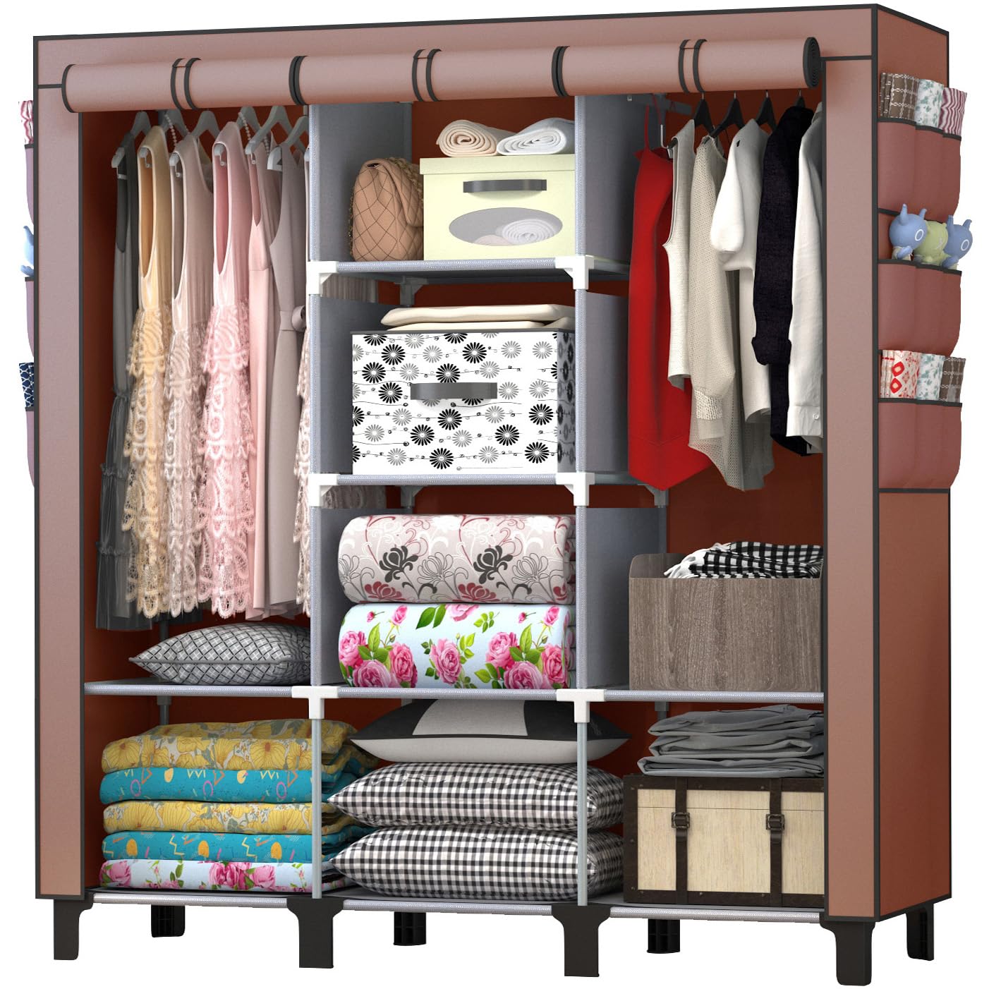 chunyangjingpin Portable Closet with 2 Hanging Rails & 8 Shelves, Bedroom Wardrobe with 18 Side Pockets, Foldable Garment Organiser (Coffee)