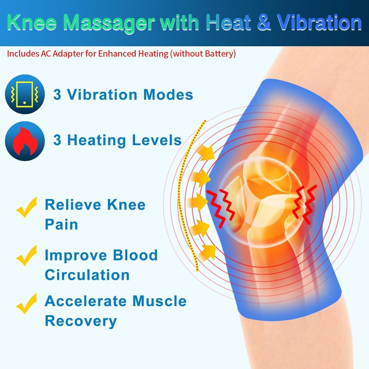 Knee Massager with Heat & Vibration, Heating Pad for Knee Pain Relief, Heating Pad for Leg Pain, Leg Massager, 3 Vibration Modes 3 Heat Levels, AC Adapter Heating Faster (No Battery) - Image 3