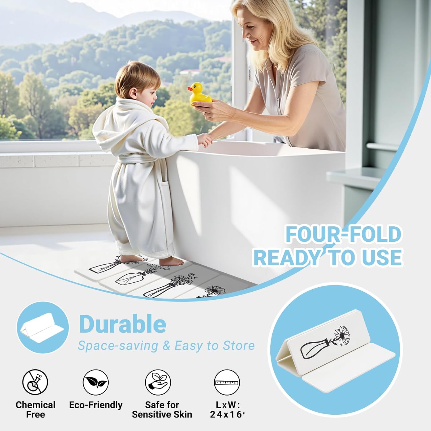 Foldable Stone Bath Mat - 24x16 Inch, Diatomaceous Earth Fast Absorbent Large Black and White Floral Farmhouse Stone Bath Mats for Bathroom Decor Quick Dry Non-Slip Shower & Bathtub & Drying Mat - Image 4