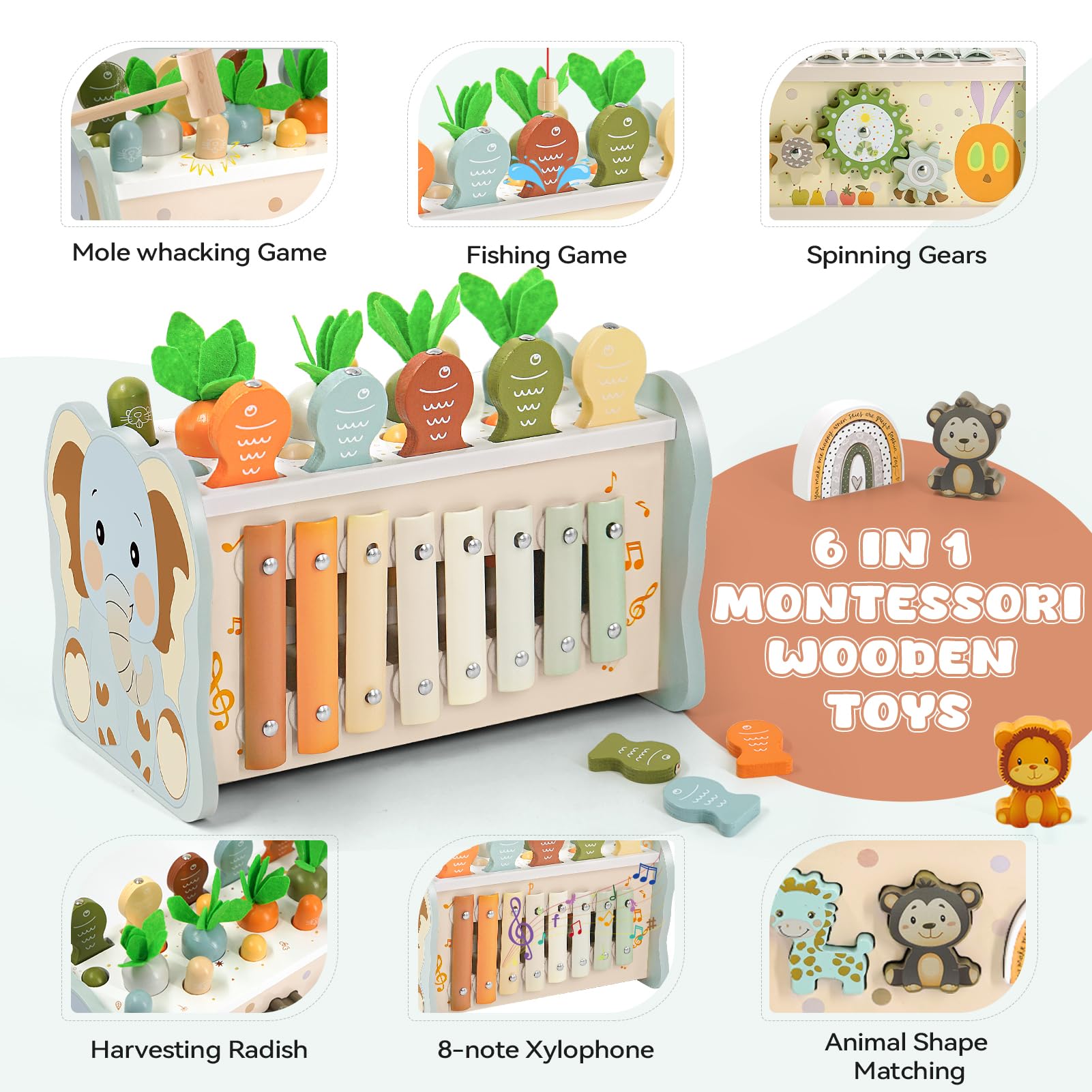 Zabawki Montessori dla chłopców i dziewczynek w wieku 1 roku, 6 w 1 drewniana zabawka z młotkiem, gra w krecika, cymbałki i magnetyczne łowienie rybek – edukacyjna zabawka dla dzieci 1 2 3 lata
