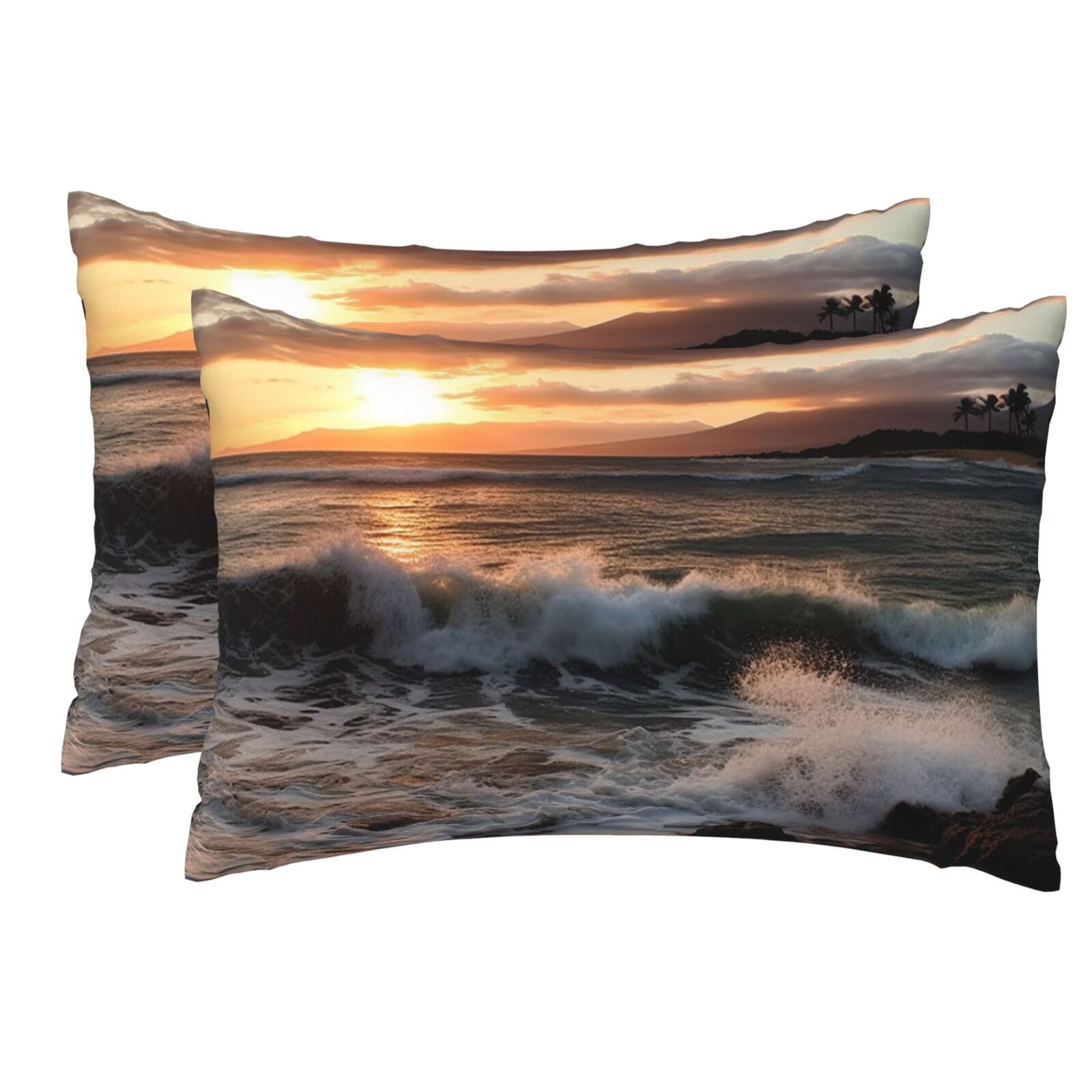 2 Pack Pillow Cases with Hidden Zipper, Soft Breathable Pillow Covers for Hair and Skin, Beach Sunset Sea Waves Pillowcases 12"x18" Bed Pillow Protectors Cover for Sleeping Gifts